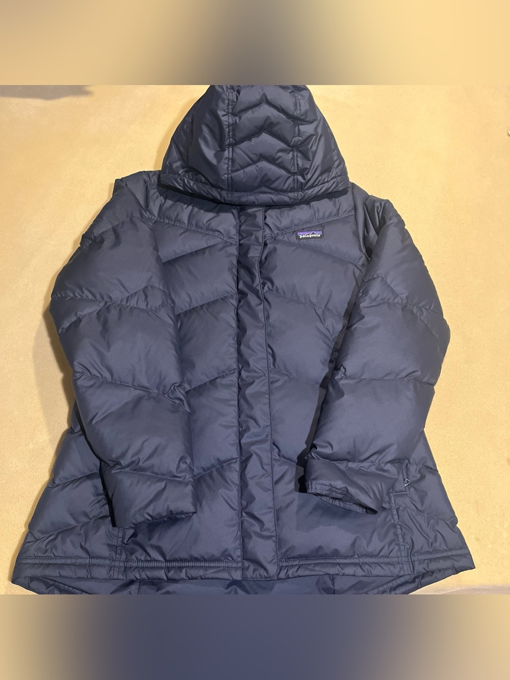 Patagonia Jacket Womens XL Navy Blue Duck Down With It Puffer Parka Hood Lady